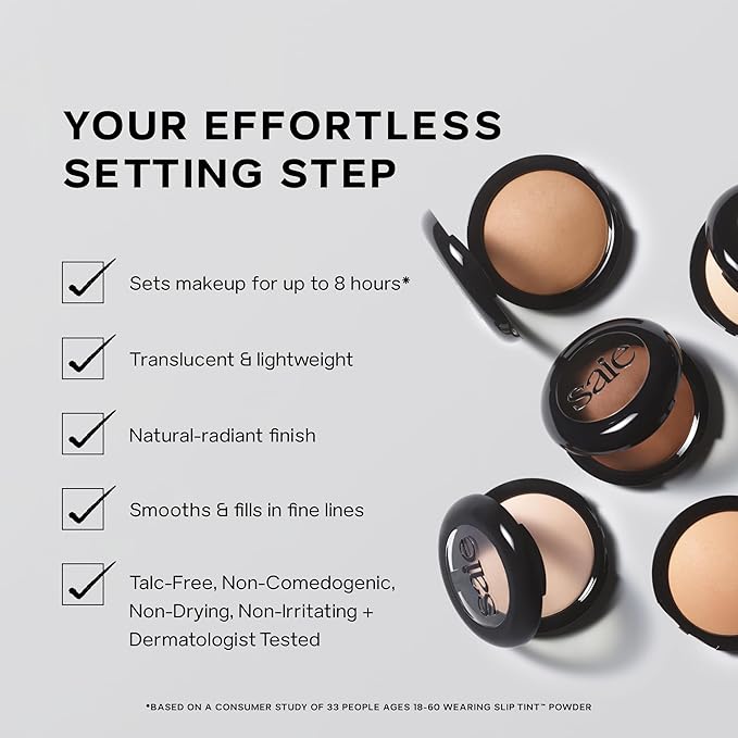Saie Slip Tint Baked Setting Powder - Translucent Powder for Face Makeup with a Natural-Radiant Finish - Blurs, Brightens & Smooths Complexion - Translucent 4 - Tan to Deep (0.24 oz)
