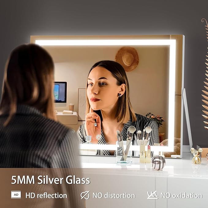 Hasipu Vanity Mirror with Lights, 14" x 11" LED Makeup Mirror, 3 Modes Light, Smart Touch Control Dimmable, 360°Rotation, Rectangle White Frame, with 5X Magnifying Glass