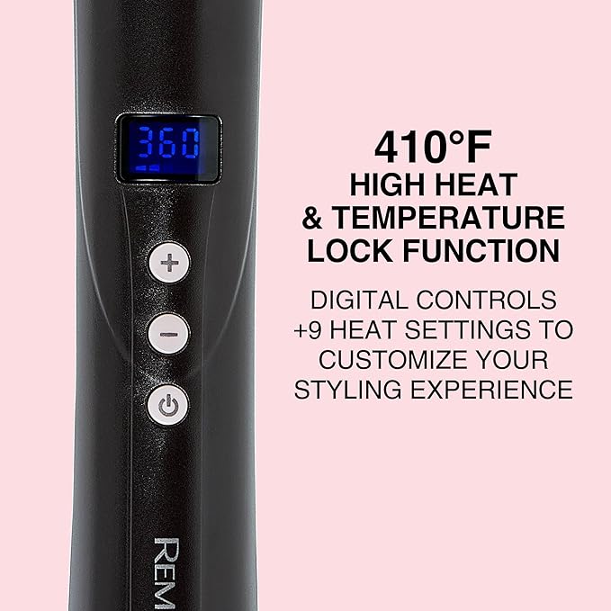 Remington CI9538 Pro 1"-1.5" Pearl Ceramic Conical Curling Wand, Digital Controls + 10 Heat Settings, Black/Pink