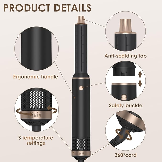 Blow Dryer Brush 5 in 1, Multi Ionic Hair Dryer Brush Set, Air Auto Wrap Hair Styler with 3 Temperature, Powerful Hair Styling Tools Set for Fast Drying, Curling, Straightening & Smoothing