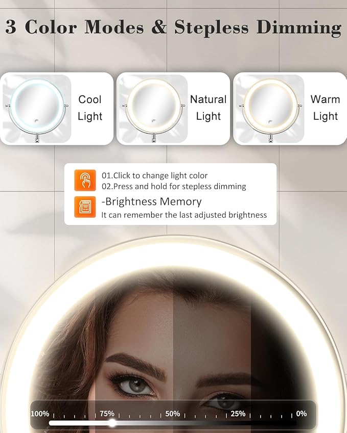 30X/1X Wall Mounted Lighted Makeup Mirror, 9'' Height Adjustable Double Sided 5000mAh Rechargeable Magnifying Bathroom Mirror with Light, 3 Color Modes Touch Dimmable Extended Arm 360 Rotation