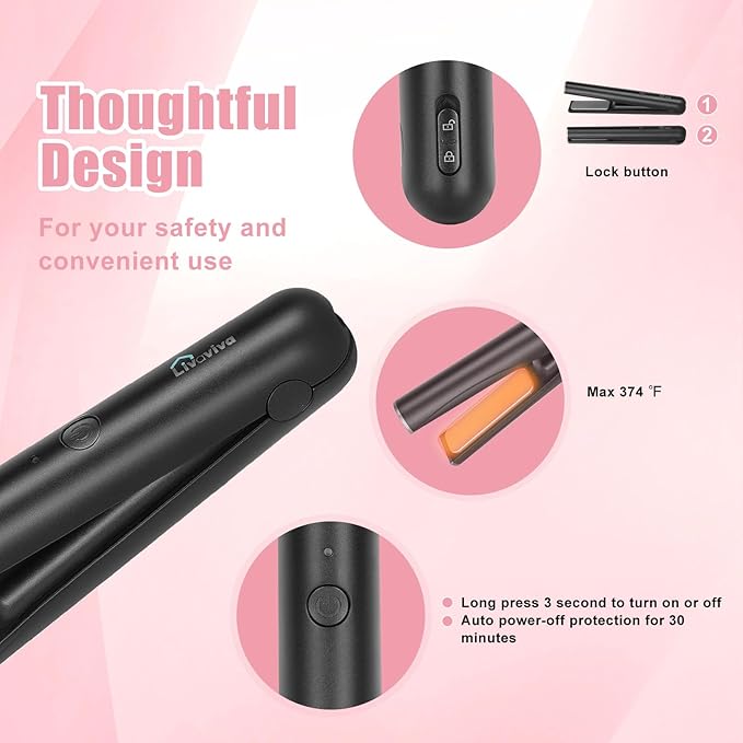 Mini Portable Cordless Hair Straightener,USB Rechargeable，Rapid Heating can Work continuously for 40 Minutes,Wireless Curling Iron for Travel (Black)