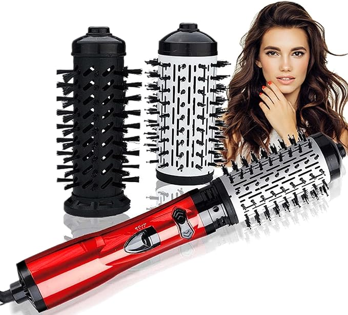 3 in 1 Hot Air Styler and Rotating Hair Dryer Hair Dryer and Blow Dryer Brush in One 2 Interchangeable Brushes for Dry and Wet Hair, Auto Rotating Curling Hot Hair Brush (Red)