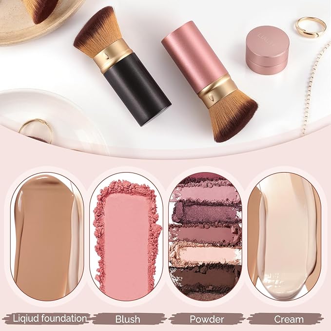 Retractable Kabuki Makeup Brush - Portable Travel Face Brush with Cover, Soft Synthetic Bristles for Blush, Bronzer, Powder, Foundation & Sunscreen, Flawless Application On-the-Go (Black)