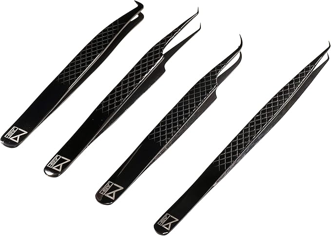 M LASH Tweezers for Eyelash Extensions (Set of 4) - Professional Lash Extension Tweezers - Fiber Tip, Japanese Steel, Diamond Grip Eyelash Extension Tweezer (Black)