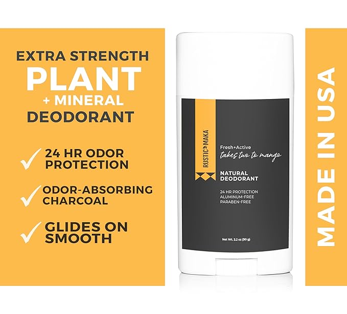 Rustic MAKA Natural Deodorant, Takes Two To Mango (Mango + Lime), Free of Aluminum, Baking Soda & Parabens, Activated Charcoal + Magnesium, Continuous Odor Control