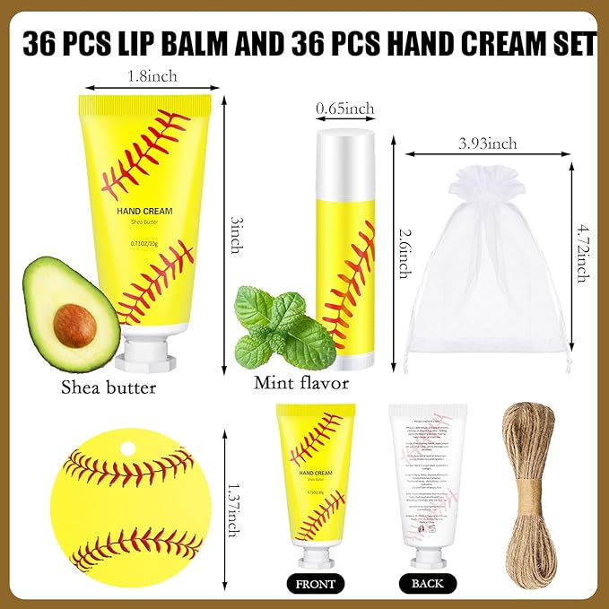 144 Pcs Softball Lip Balms Hand Cream Sets Softball Party Supplies Including 36 Lip Balm and Moisturizing Hand Cream 36 Organza Bags Cards and Ropes for Team Accessories Thank You Gifts