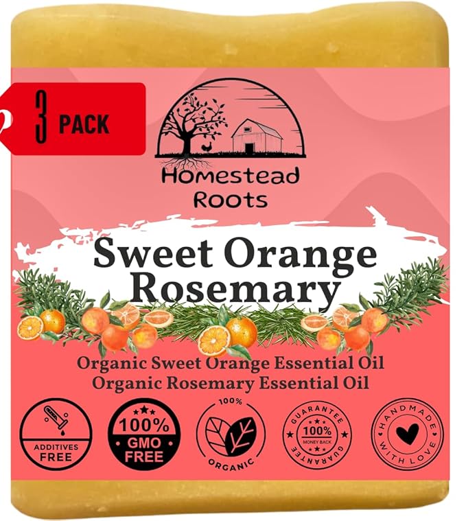 Sweet Orange-Rosemary- Handcrafted with Grass-Fed Beef Tallow and Organic Oils - Scented with Organic Essential Oils - Artisanal Bar Soap -USA MADE- 3 Pack - Each Bar Unique