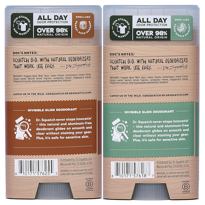 Dr. Squatch Invisible Glide Deodorant – Natural Smooth Roll On, No Stains, Aluminum Roll & Dermatologist-Tested Formula Suits Sensitive Skin – Wood Barrel Bourbon + Rainforest Rapids, 2.65oz (2-Pack)