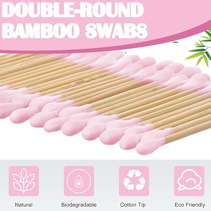 5000 Count Bamboo Cotton Swabs Double Buds Organic Cotton Swabs with Tips for Ears Sterile Tipped Applicator Makeup Swab Daily Makeup Eye Cleaning(Round,Pink)