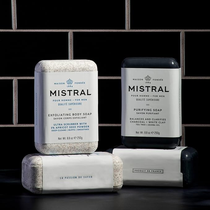 Mistral Exfoliating Bar Soap for Men - 8.8 oz | Luxury French Scrub Bar with Apricot Seed Powder, Marine Minerals, Shea Butter, pH‑Balanced, Sulfate‑Free, Daily Use | Natural Men's Body Soap