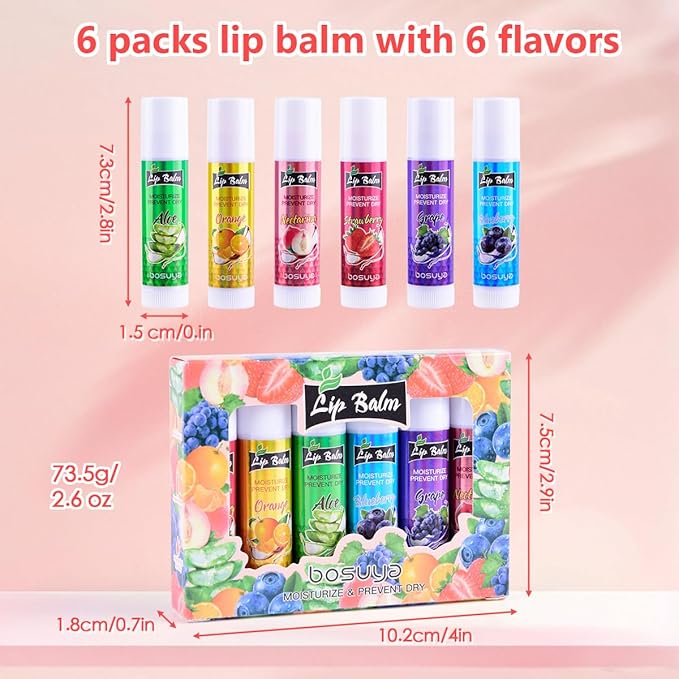 Fruit flavor lip balm,6 pack Natural Soft All-Day Moisturizer with Vitamin E and Coconut Oil,100% Natural & Organic Lip Balm Sticks for repair chapped lips or dry lips