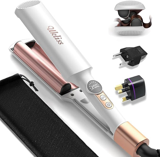 Mini Waver Crimper Hair Tool for Women Short Hair Travel 0.4 inch Double Barrel Small S Waver Curling Iron Dual Voltage (110-240V) with European Plug Adapter, 5 Temps for Dating, Daily (White Gold)