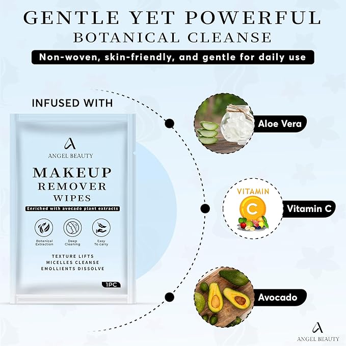 Angel Beauty Makeup Remover Wipes – 30 Individually Wrapped Micellar Face Wipes Singles – Daily Gentle Facial Cleanser with Aloe, Avocado & Vitamin C – Alcohol-Free, Paraben-Free, Travel-Friendly