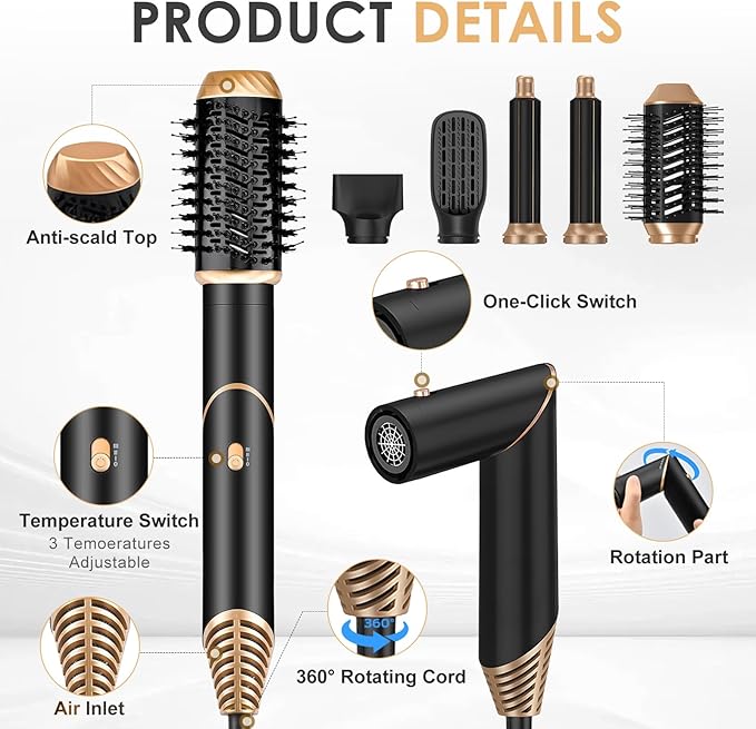 Hair Dryer Brush Set 6 in 1, Blow Dryer Brush Foldable, Negative Ionic Hair Dryer with Diffuser, Detachable Hair Styling Tools Hot Air Curler Hair Styler for Straightening, Curling, Drying,Volumizing