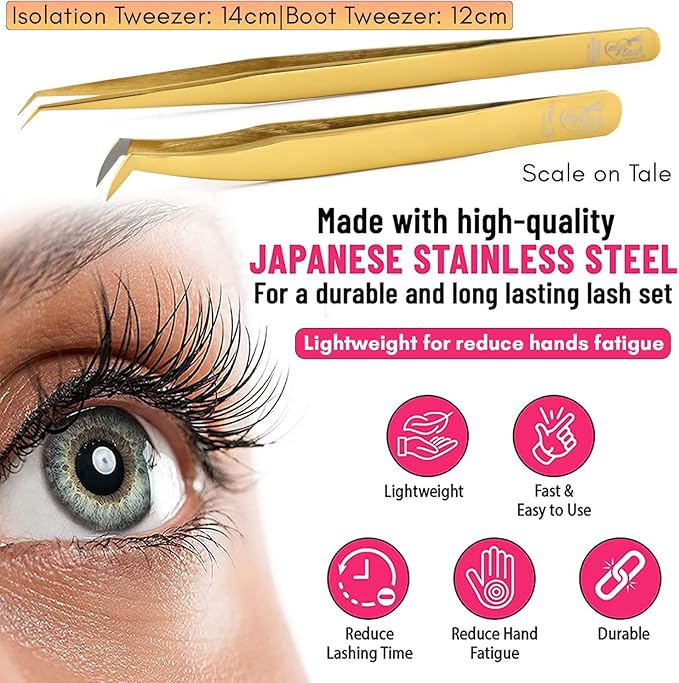 2pcs Fiber Tip Lash Tweezer Set – Boot Mega Volume Tweezer & Straight Isolation Tweezer, Precision Stainless Steel Lash Extension Tools, Non-Slip Grip, Tweezers for Classic & Volume Fans (Gold)