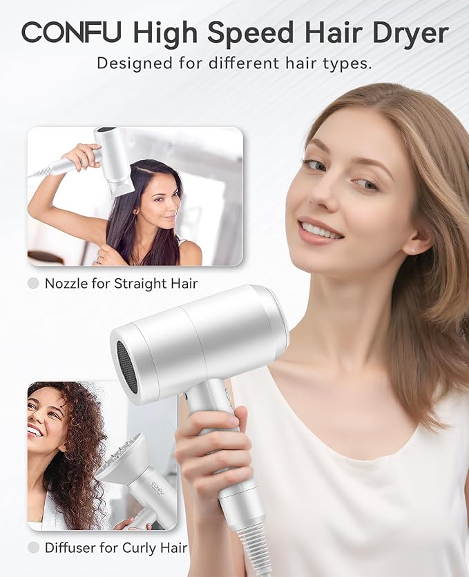 Hair Dryer with Diffuser, CONFU Blow Dryer for Curly Hair for Women Men, 21000PRM Travel Hair Dryer, Portable Lightweight Fast Drying Negative Ion Hairdryer for Home & Travel