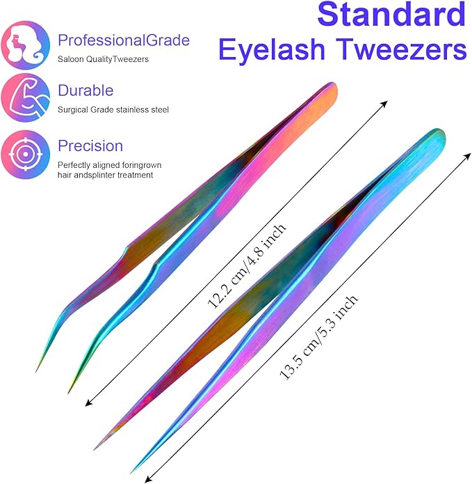 2 Pieces Straight and Curved Tip Tweezers Eyelash Extension Tweezers, Stainless Steel False Lash Application Tools (Iridescence)