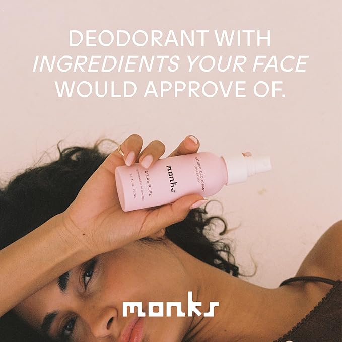MONKS Whole Body Natural Deodorant Spray - For Women and Men, Aluminum-Free, Baking Soda Free, Probiotics, Organic AHA’s, Pure Essential Oils (Atlas Rose)