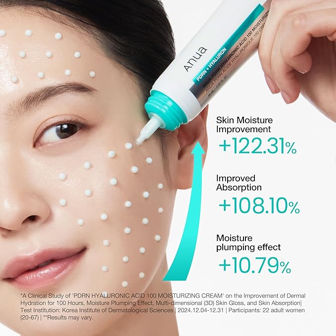 ANUA PDRN Hyaluronic Acid 100 Moisturizing Cream, Lightweight Hydrating Moisturizer with Salmon PDRN, Hyaluronic acid, Collagen for Glass Skin, Korean Skin Care (60ml / 2.02 fl. oz)