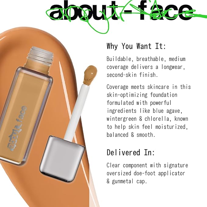 about-face THE PERFORMER Skin-Focused Foundation MD1Neutral – Medium Coverage, Long-Wear, Breathable & Buildable Base – Clean, Vegan, Hydrating Formula with Blue Agave & Chlorella – 1.08oz