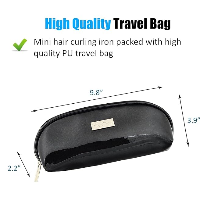 FARI Travel Mini Hair Curling Iron Wand with Ceramic Tourmaline Coating, Dual Voltage Fast Heating Barrel Creates Salon Grade Wavy in Minutes, Heat Resistant Glove and Travel Pouch Included, Black