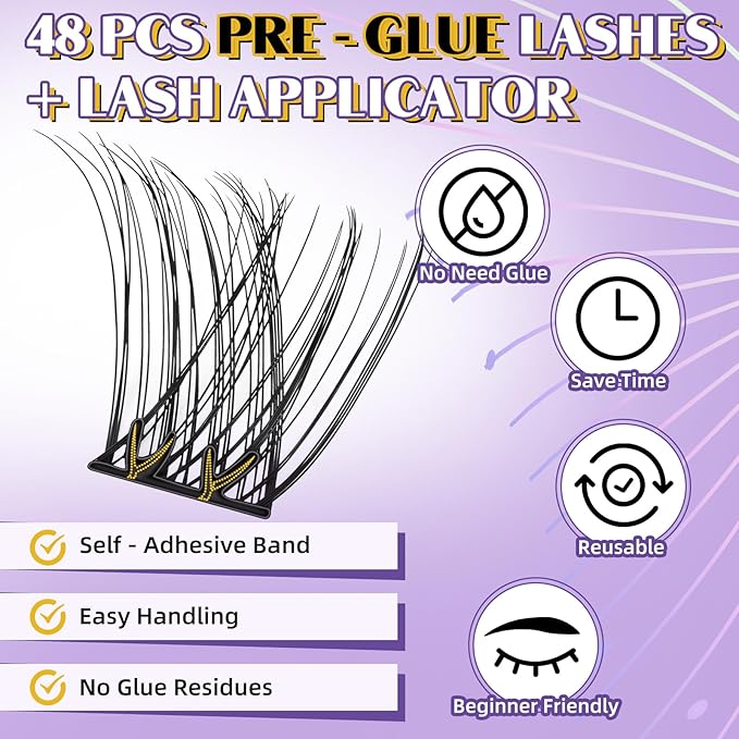 B&QSelf Adhesive Eyelashes SA03 48 PCS Self Adhesive Lashes Pre-Glued Cluster Lashes D Curl No Glue Eyelashes 10-16mm with Lash Tweezers 1 Step DIY Lash Self Stick (SA03-D)