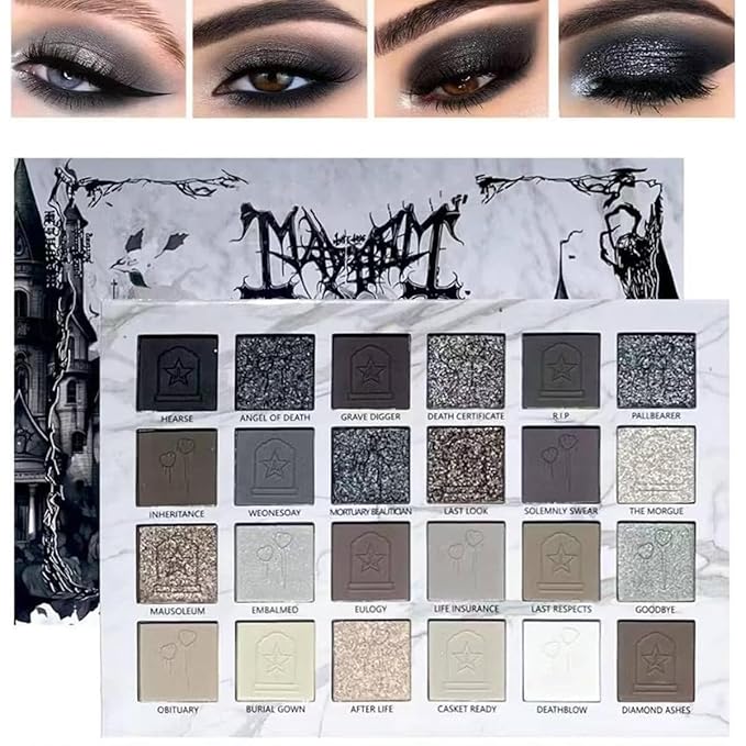 24Colors Black Grey Smokey Eyeshadow Palette, Matte Black Smoky Eye Shadow Palette, Shimmer High Pigmented Basic Black White Gray Shade Eye Black Makeup for Halloween. (24, Colors)