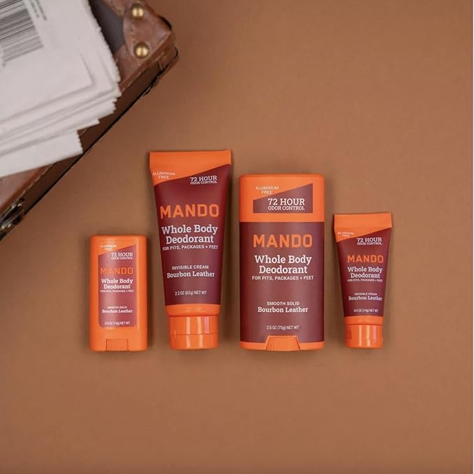 Mando Whole Body Deodorant - Mini Travel Size Invisible Cream Tube - 72 Hour Odor Control - Aluminum and Baking Soda Free, Skin Safe - .5 oz (Pack of 2) (Bourbon Leather)