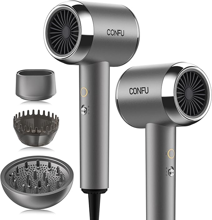 CONFU Diffuser Hair Blow Dryer - Plasma Ionic Professional 1600 Watt Hairdryer Fast Drying for Curly Hair Anti Frizz - Lightweight Portable Ion Blower Dryer for Women & Men