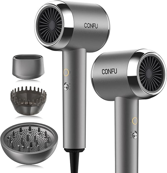 CONFU Diffuser Hair Blow Dryer - Plasma Ionic Professional 1600 Watt Hairdryer Fast Drying for Curly Hair Anti Frizz - Lightweight Portable Ion Blower Dryer for Women & Men
