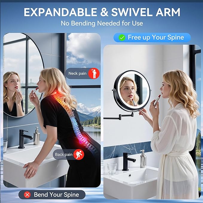 9'' 30X/1X Wall Mounted Lighted Makeup Mirror, 5000mAh Rechargeable Double-Sided Magnifying Mirror with Light, Vanity Mirror Touch Dimmable 3 Colors 360° Rotation Extended Foldable Arm, Power Adapter