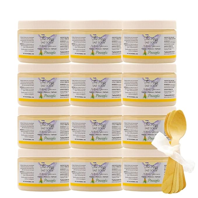 The Keys Salt Scrub -Sea Salt Scrub - Exfoliating Body Scrub with Wooden Spoon - Moisturizing Exfoliator for Hands, Foot, Bath, (Pineapple) (12 Fl Oz (Pack of 12), Pineapple)
