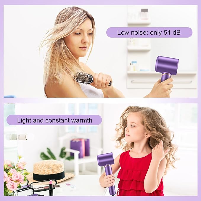 Hair Dryer Negative Ionic Blow Dryer for Fast Drying,Low Noise,Thermo Control Hair Dryer 2 Speed and 3 Heat Settings,Cold Air Button with 1 Diffuser 110000 RPM High Speed Brushless Motor (Purple)