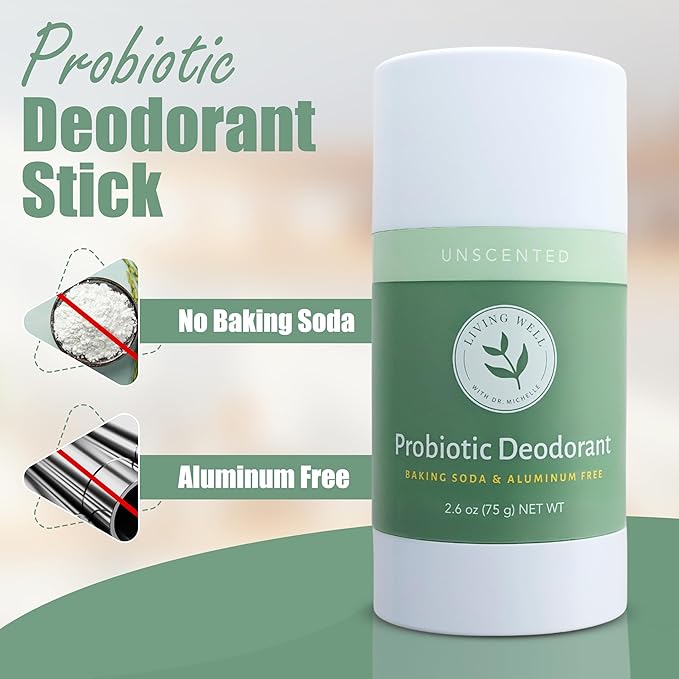 Living Well with Dr. Michelle Natural Probiotic Deodorant Stick | Aluminum-Free, Baking Soda-Free | Unscented & Gentle for Sensitive Skin | Long-Lasting Odor Protection for Men & Women