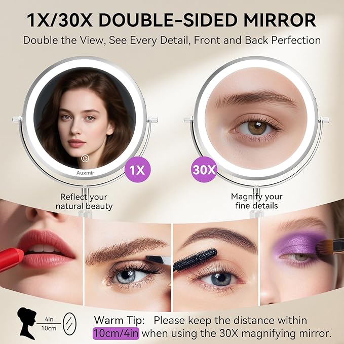 Auxmir 9" Large Lighted Makeup Mirror with Magnification, 1X/30X Double Sided Magnifying Mirror with Adjustable Height, Rechargeable Vanity Mirror with 3 Color Dimmable Lights, 360° Rotation