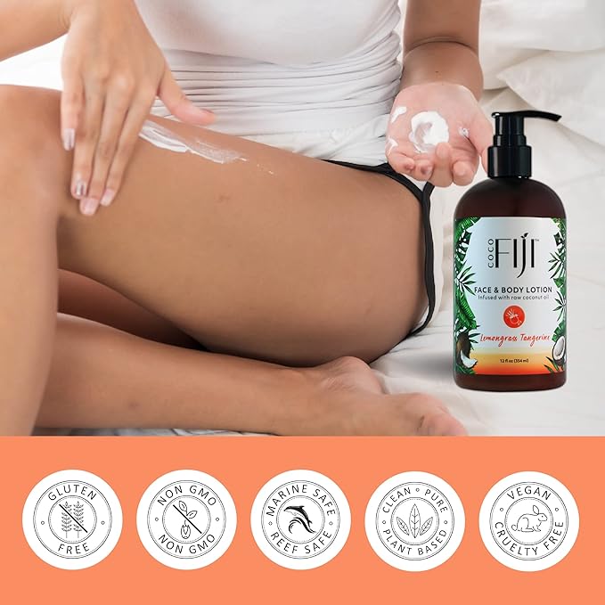 Coco Fiji Face & Body Lotion Infused With Coconut Oil | Lotion for Dry Skin | Moisturizer Face Cream & Massage Lotion for Women & Men | Lemongrass Tangerine 12 oz, Pack of 3