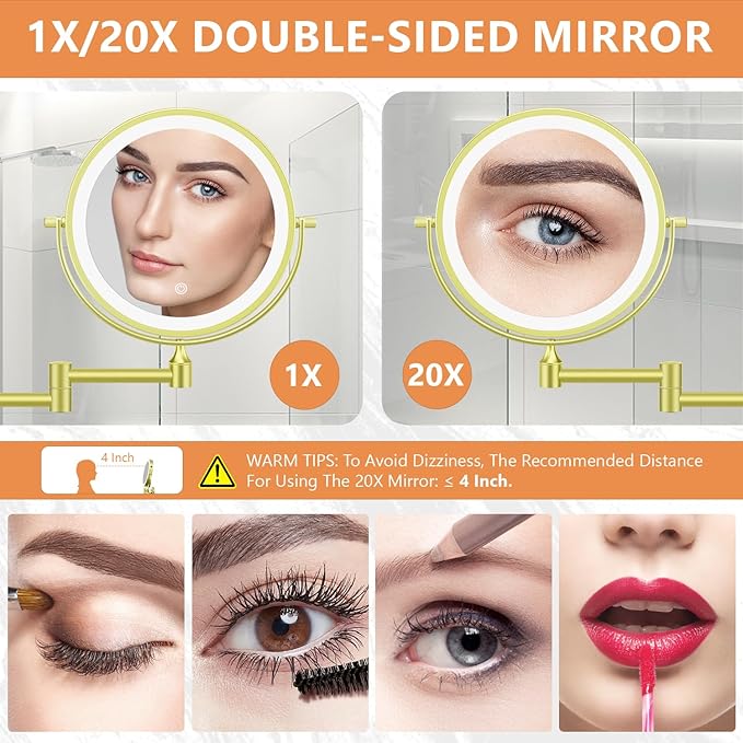 Auxmir 1X/20X Wall Mounted Makeup Mirror with Light, 8" Rechargeable Double-Sided Magnifying Mirror, Vanity Mirror Dimmable 3 Color Light, 360° Extension Rotation Foldable 14.5 Inch Arm for Bathroom