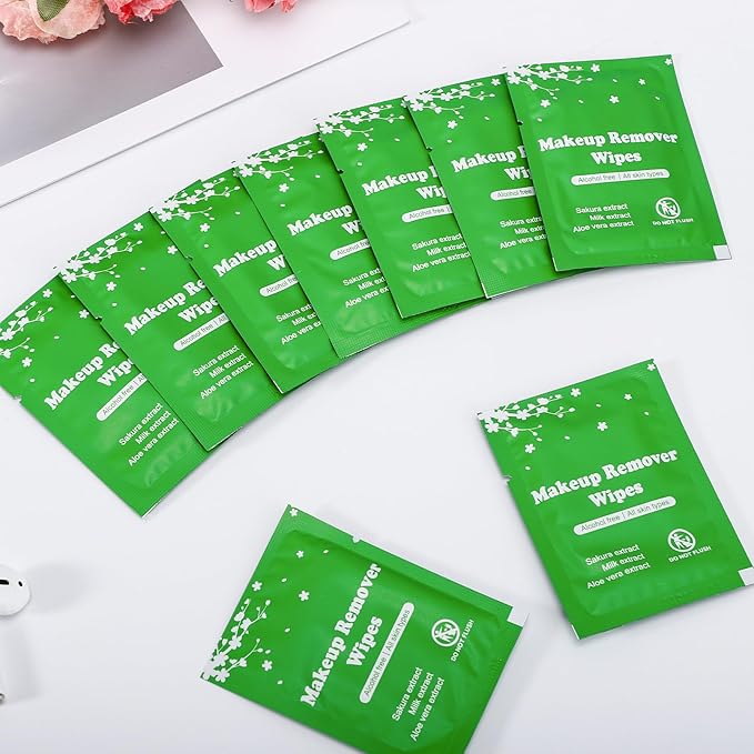 100 PCS Makeup Remover Wipes, Individually Wrapped Wet Wipes for Makeups Remover, Travel Size Facial Cleansing Wipe Bulk, Makeup Wipe for Travel Wedding Hotel