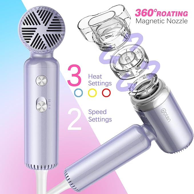Mini Hair Dryer, High-Speed Blow Dryer with 110,000RPM Brushless Motor, Magnetic Diffuser, Negative Ionic Technology for Fast Drying, Compact & Lightweight for Home & Travel (Purple)