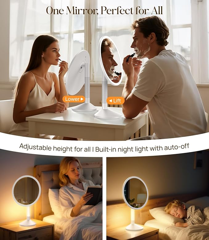 Gospire 10.8 Inch 2-in-1 Large Vanity Mirror with Lights & Bedside Table Lamp, Height Adjustable Lighted Makeup Mirror with Magnification 10X, 5000mAh Battery, 3-Color Desk Light Up Mirrors Bathroom