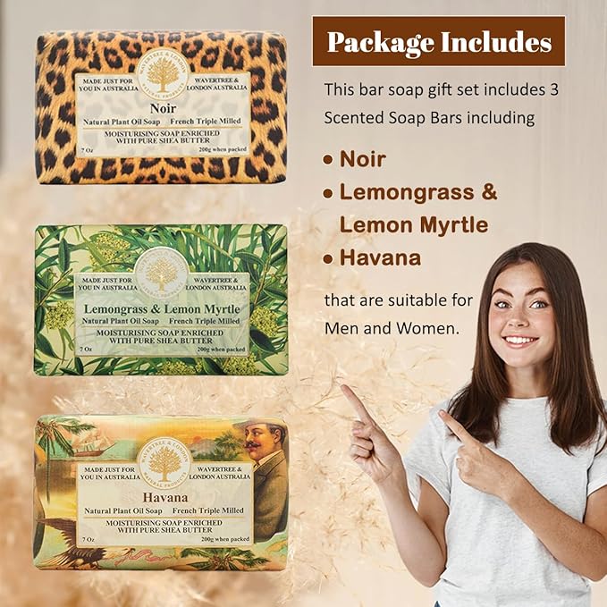 Wavertree & London Trio Gift Box (3 Bars) - 7oz Noir, Lemongrass and Havana Scented Moisturizing French Triple Milled Natural Soap Bars - Pure Plant Oil Soap Bars for All Skin Types