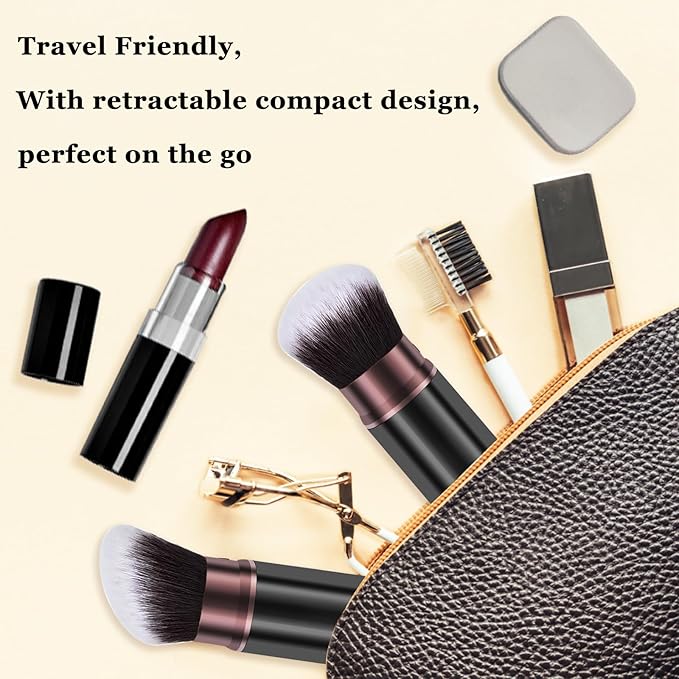 Retractable Kabuki Makeup Brush, 2 Pack Travel Powder Foundation Makeup Brush Face Blush Brushes for Blending Liquid, Blush, Bronzer, Buffing, Sunscreen,Flawless Cosmetics