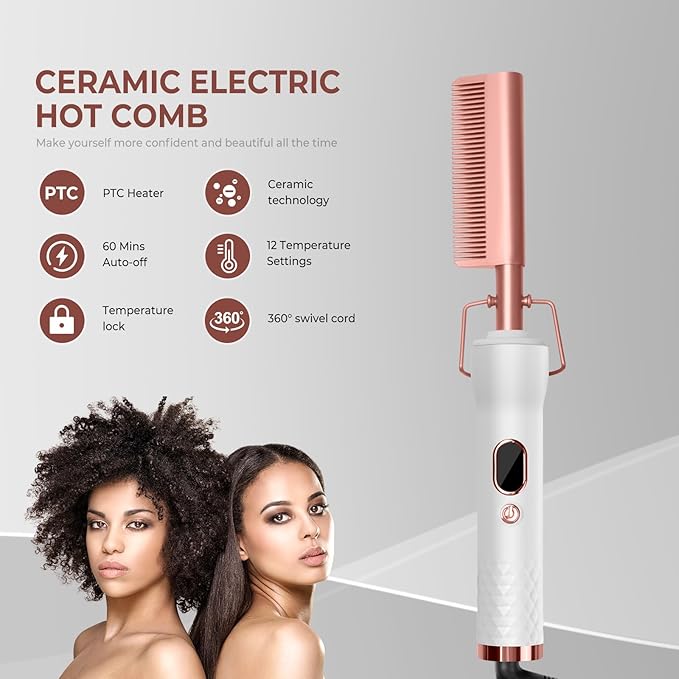Hot Comb,Travel Curling Iron Double Voltage 110-240V with European Plug Adapter,12 Temp Settings Straightening Comb for Black Hair,Pressing Combs for Straight/Curling