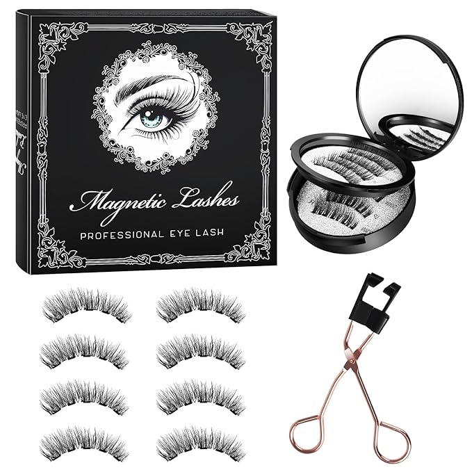 2025 Magnetic Eyelashes 4 Pairs Kit 3D Natural Reusable Lashes with Applicator, No Glue Eyeliner Needed, Waterproof & Hypoallergenic False Eyelashes for Daily/Party/Wedding (1)