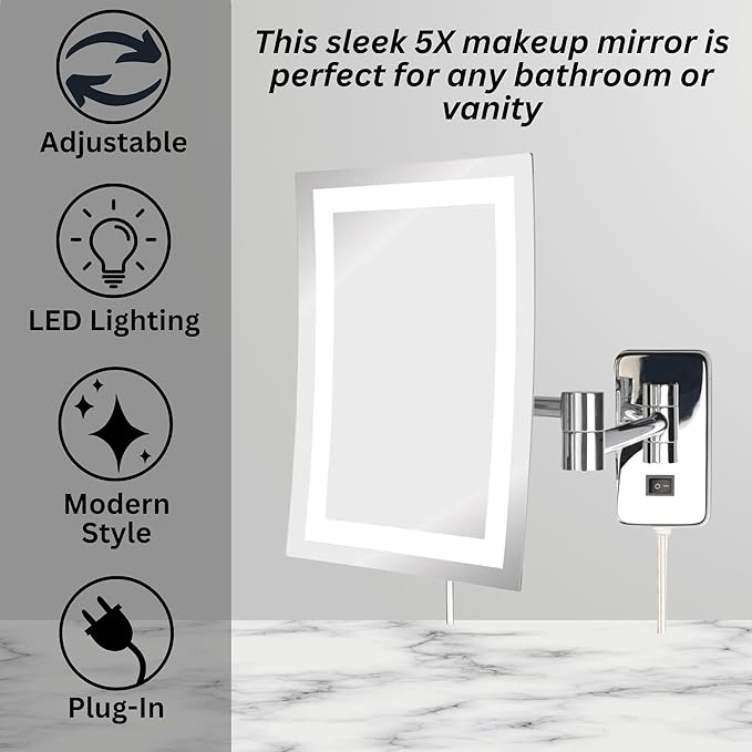 JERDON Rectangular Wall Mount Makeup Mirror - Lighted Makeup Mirror with 5X Magnification - Chrome Finish - Model JRT710CL