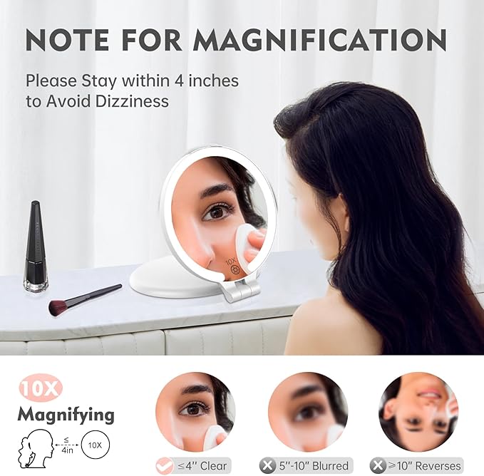 FUNTOUCH 7'' Travel Makeup Mirror with Lights 10X Magnifying, 3 Color Portable Double Side Vanity Compact Mirror with Rechargeable for Travel Essential, Gifts for Lover