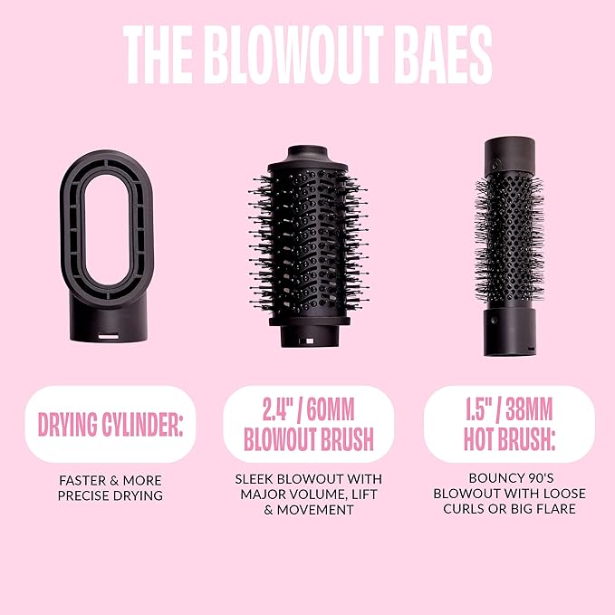 FoxyBae 3-in-1 Ceramic Interchangeable Hair Tools - Blowout Dryer - 3 Detachable Heads: 2.4" Blowout-Brush, 1.5" Hot Round Brush & Drying Cylinder Hair-Dryer & Hair Styling Set (Black Rose-Gold)
