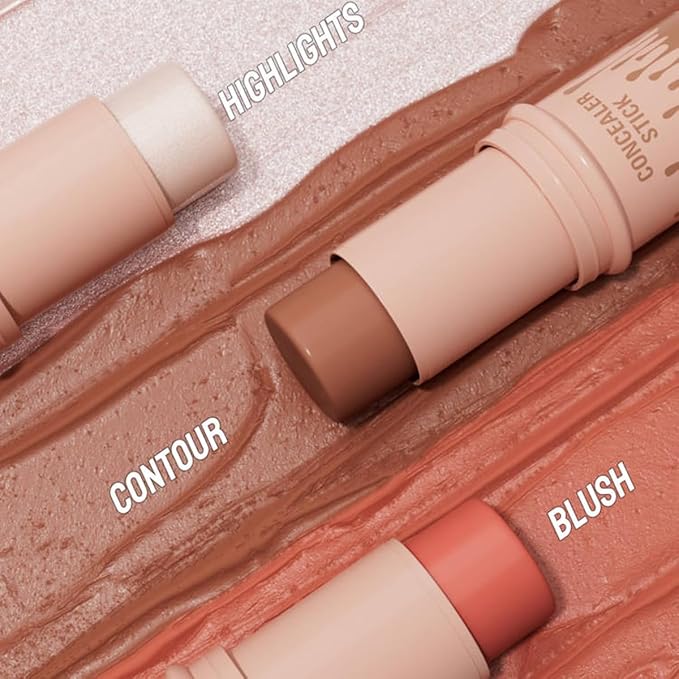 3Pcs Contour Stick Set-Creamy Contour Stick with Blush & Highlighter & Bronzer Not Greasy, Long-Lasting, Waterproof, Contouring Pen Easy to Contour the Face (C)