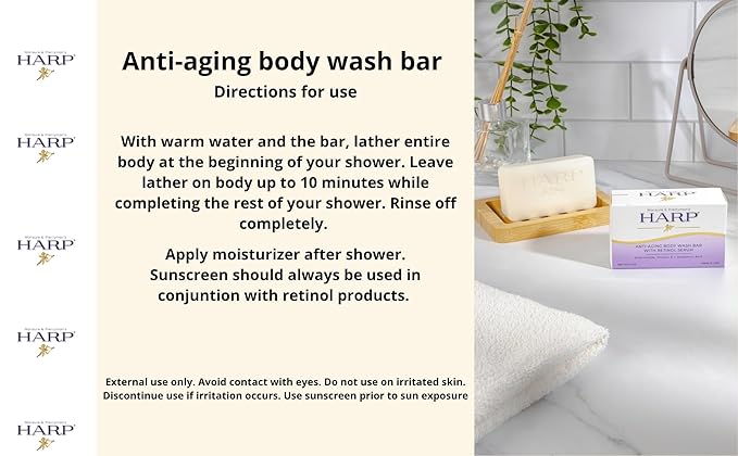 HARP® Anti-Aging Body Wash Bar with Retinol – pH Balanced Syndet Cleanser, FRAGRANCE FREE, Soap-Free & No Lye, Non-Comedogenic, With Niacinamide, Hyaluronic Acid & Vitamin E, 5 oz